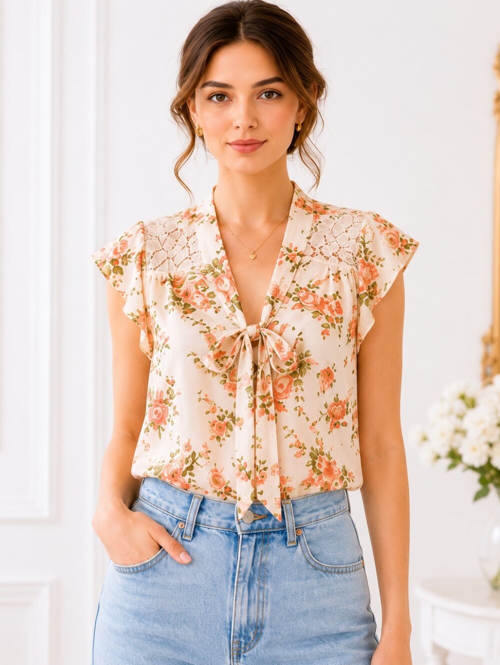 MARISOL |Floral Lace Tie Neck Blouse | SIZE M | Cottagecore Romantic Feminine